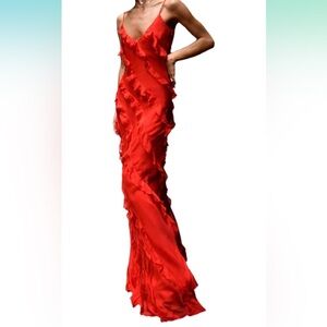 Red ruffle frill ruched maxi dress